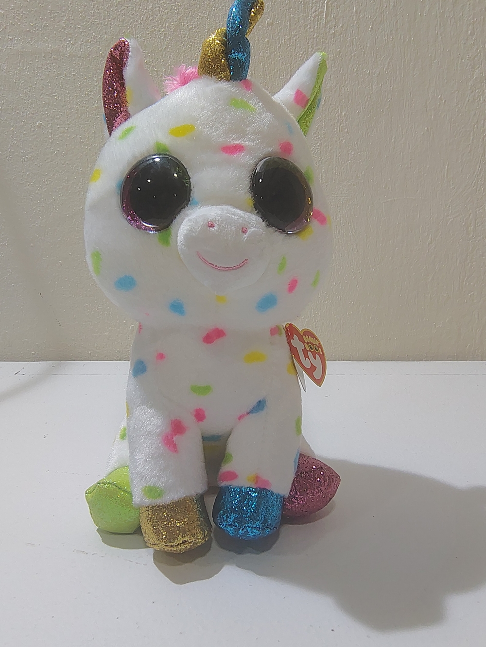 TY Beanie Boo Sparkle Polka Dot Unicorn Plush Toy - White with Rainbow Spots